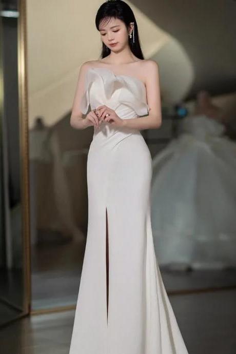 Elegant Strapless Satin Gown With Front Slit End