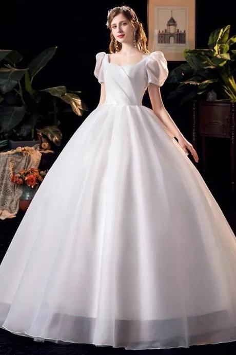 Elegant Satin Square Neckline Puff Sleeve Wedding Gown