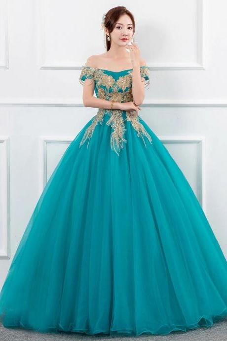 Elegant Off-shoulder Embroidered Teal Ball Gown Dress