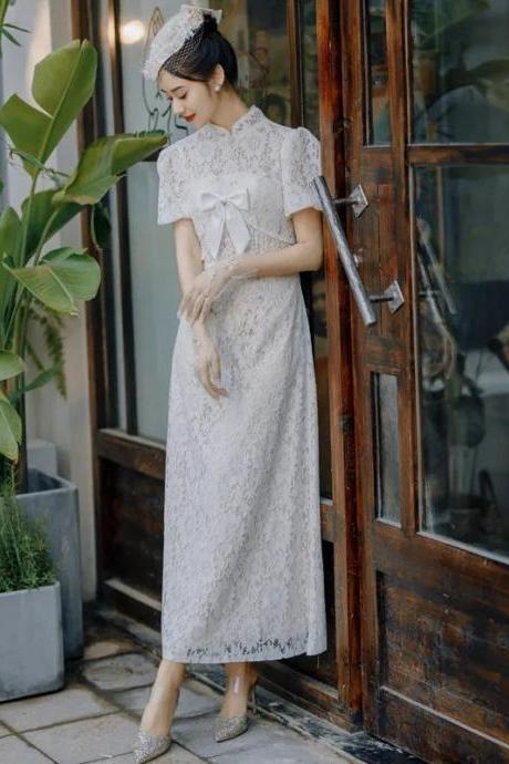Vintage Lace Tea-length Bridal Dress With Bow