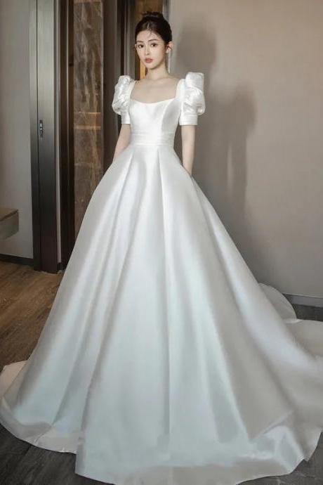 Elegant Satin Square Neckline Puff Sleeve Bridal Gown
