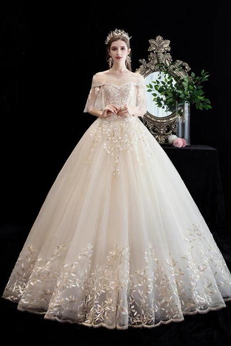 Elegant Off-shoulder Bridal Gown With Floral Appliques