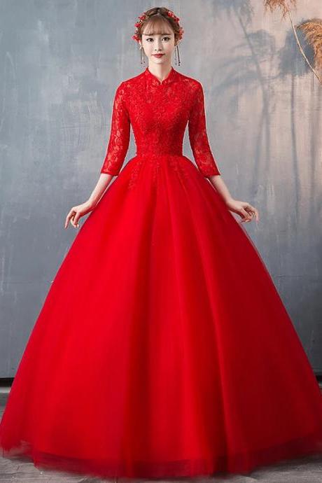 Elegant Red Lace Long-sleeve Ball Gown Dress