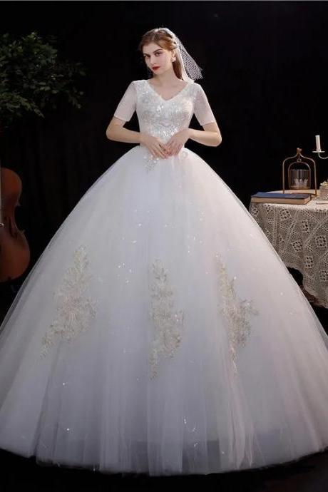 Elegant V-neck Sequined Tulle A-line Wedding Dress