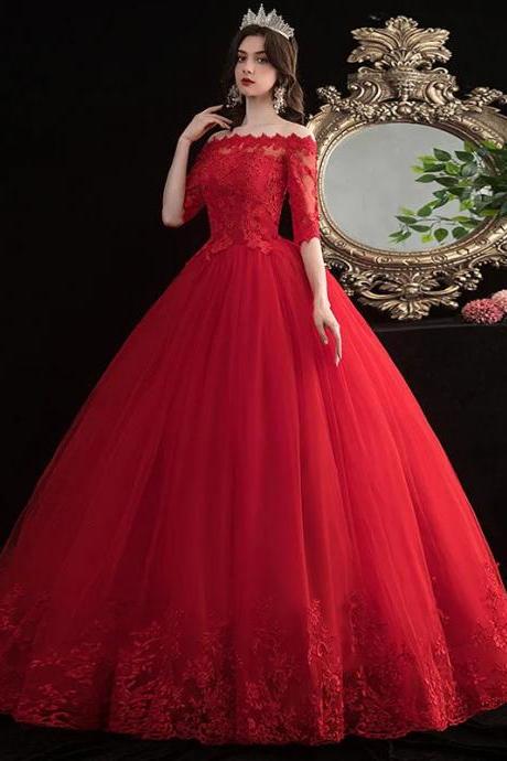 Elegant Off-shoulder Red Lace Applique Ball Gown