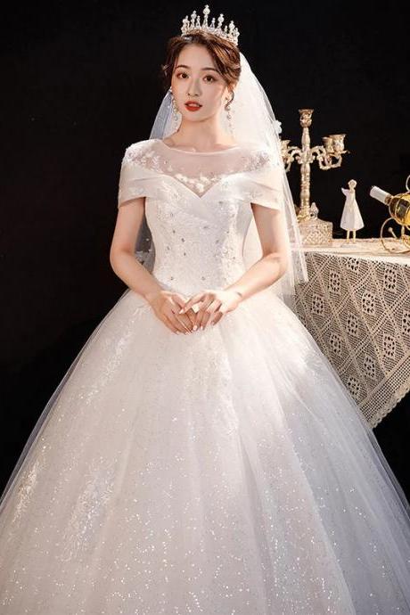 Elegant Off-shoulder Sequined Lace Bridal Ball Gown