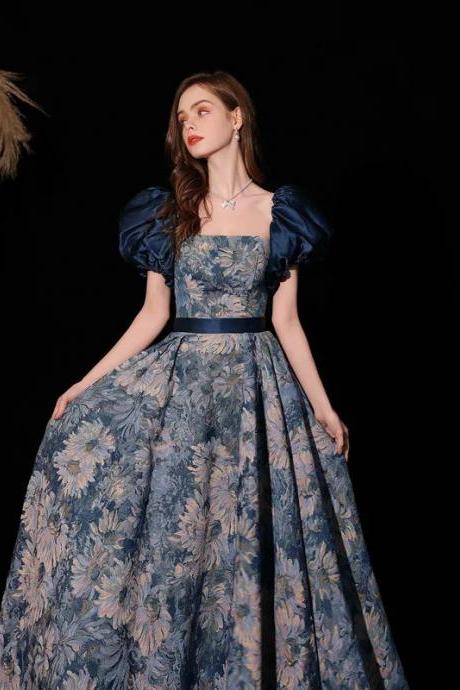 Elegant Floral Puff Sleeve Satin Ball Gown Dress