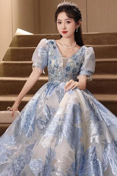 Elegant Blue Floral Tulle Evening Gown With Sleeves