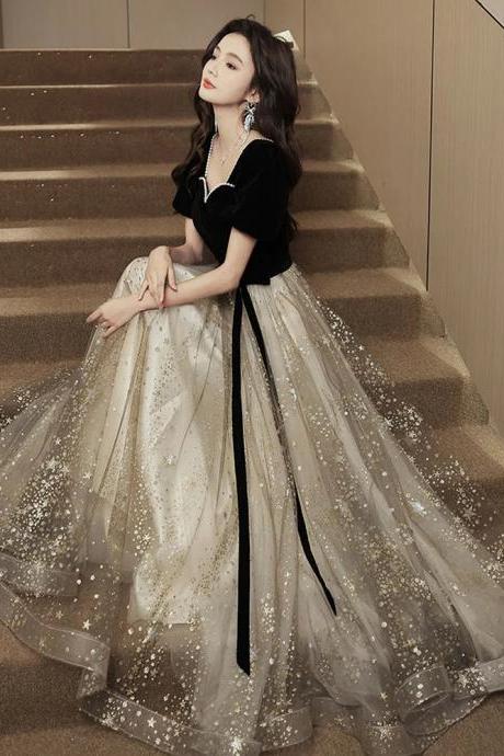 Elegant Velvet Top Sequin Tulle Evening Maxi Dress