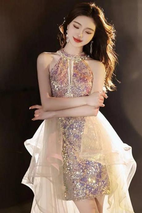 Elegant Halter Neck Sequined Evening Gown With Train