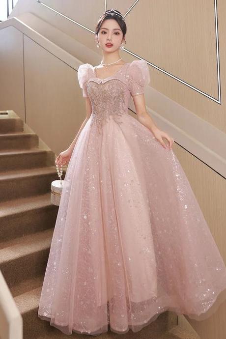 Elegant Puff Sleeve Sequined Bodice Pink Ball Gown