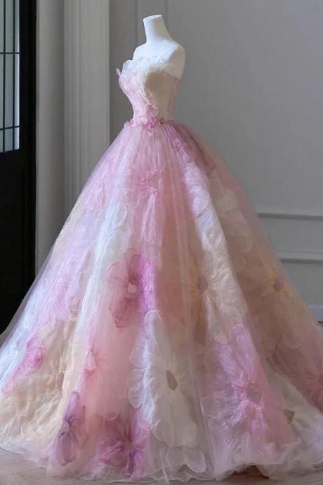 Floral Embroidered Sweetheart Neckline Pink Ball Gown