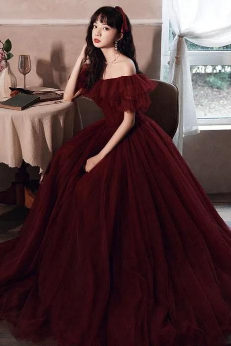 Elegant Off-shoulder Tulle Burgundy Ball Gown Dress