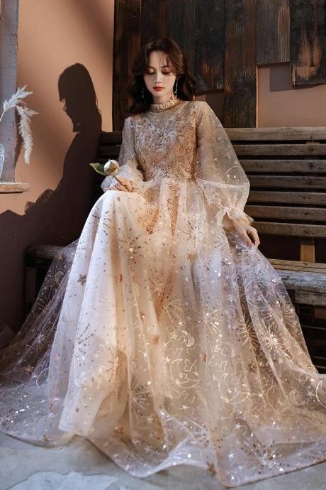 Elegant Long-sleeve Beaded Tulle Bridal Gown