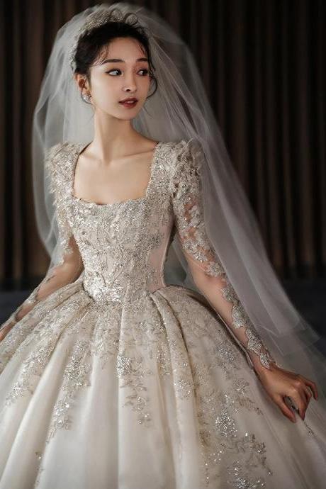 Elegant Beaded Lace Ball Gown Wedding Dress With Veil