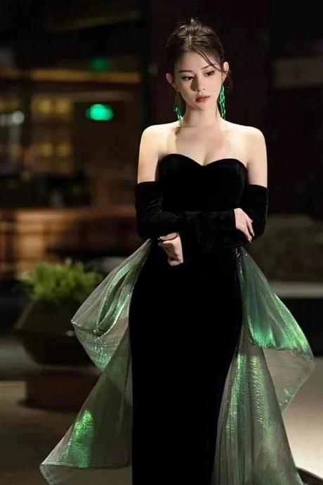 Elegant Strapless Black Velvet Gown With Sheer Overlay