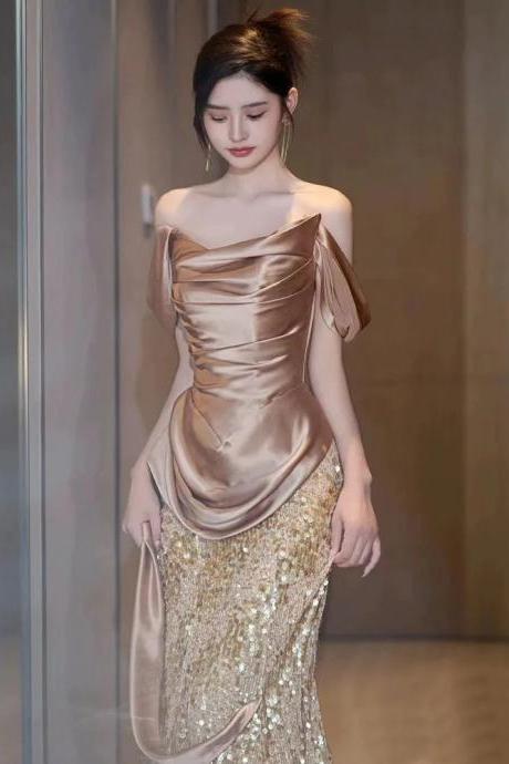 Elegant Off-shoulder Satin Top Sequin Mermaid Gown