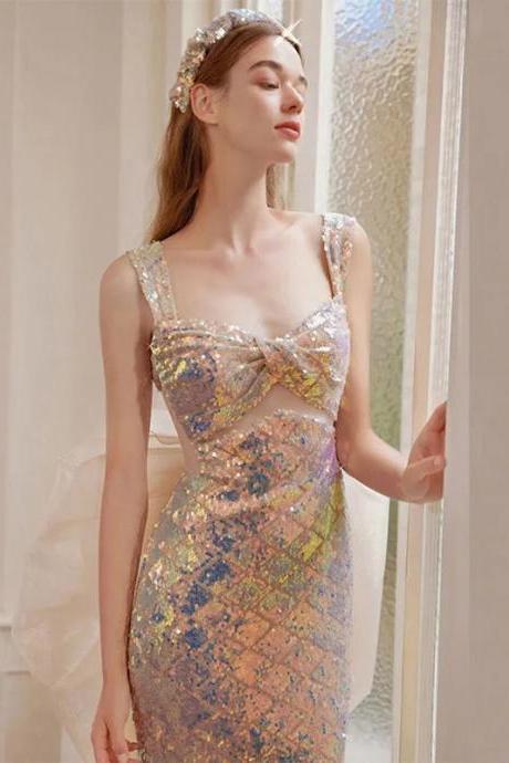 Elegant Sequined Cocktail Dress With Delicate Spaghetti Straps