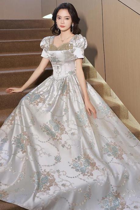 Elegant Floral Embroidered Satin Ball Gown With Sleeves