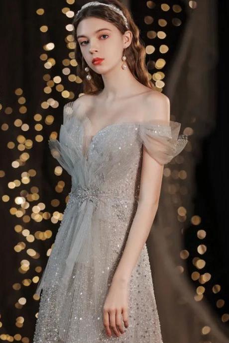 Elegant Off-shoulder Tulle Gown With Sequin Embellishments