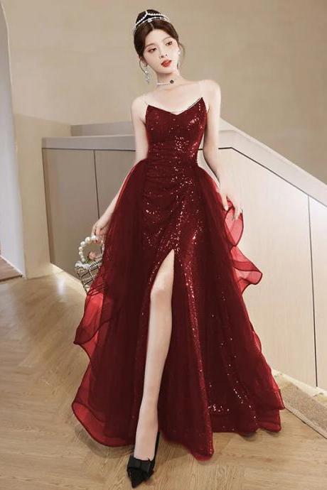Elegant Burgundy Sequined Evening Gown With High Slit