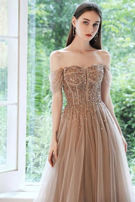 Elegant Beaded Off-shoulder Tulle Evening Gown Dress