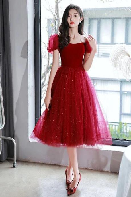 Elegant Red Tulle Midi Dress With Glitter Detail
