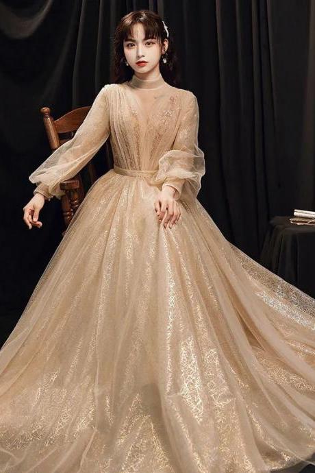 Elegant Long-sleeve V-neck Glitter Tulle Evening Gown