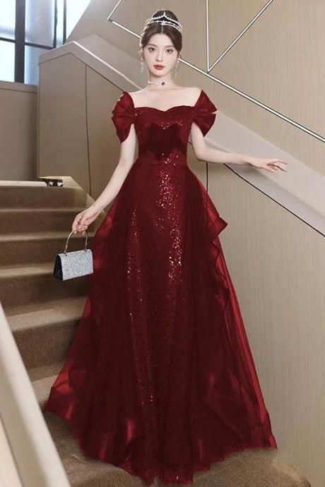 Elegant Off-shoulder Sequin Red Evening Gown With Train