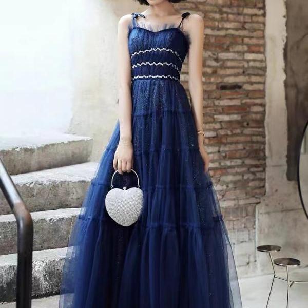 Spaghetti strap party dress,navy blue prom dress ,sexy dress,handmade