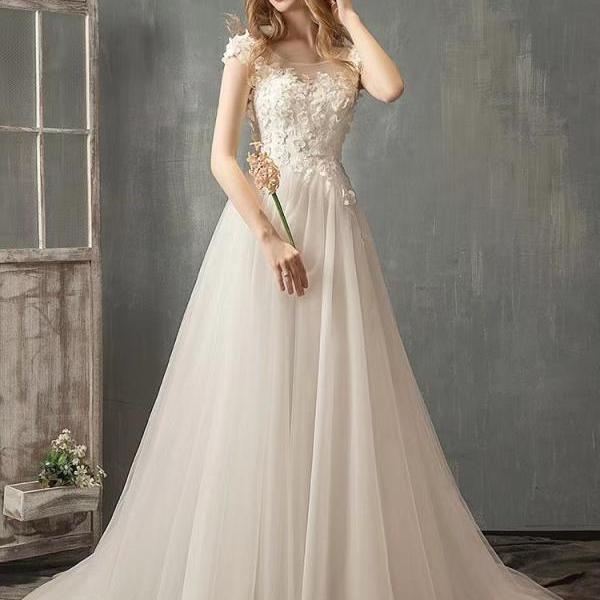 Cap sleeve wedding dress,white bridal dress,lace bridal dress,handmade
