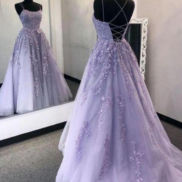 Lavender Backless Tulle Lace Long Prom Dresses, Open Back Purple Tulle Lace Formal Evening Party Dresses,Handmade