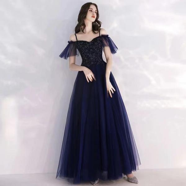Off shoulder prom gown, Fairy birthday dress, navy blue bridesmaid dress,Handmade