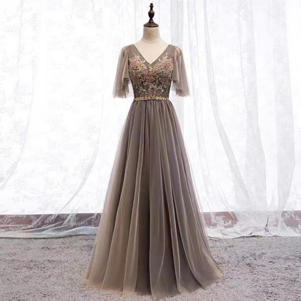 V-neck party dress,gray prom dress ,elegant bridesmaid dress,handmade