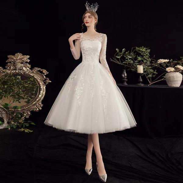 Long sleeve bridal gown, white wedding dress,tulle midi bridal dress,Handmade