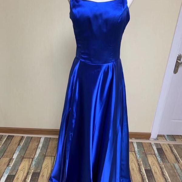 Spaghetti strap prom dress,royal blue evening dress, satin party dress ,handmade 