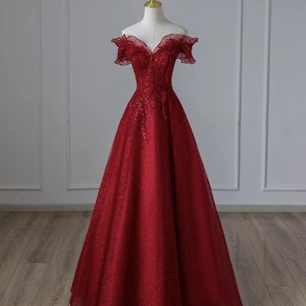 New, Burgundy prom dress, off shoulder evening dress, glamorous party dress,handmade