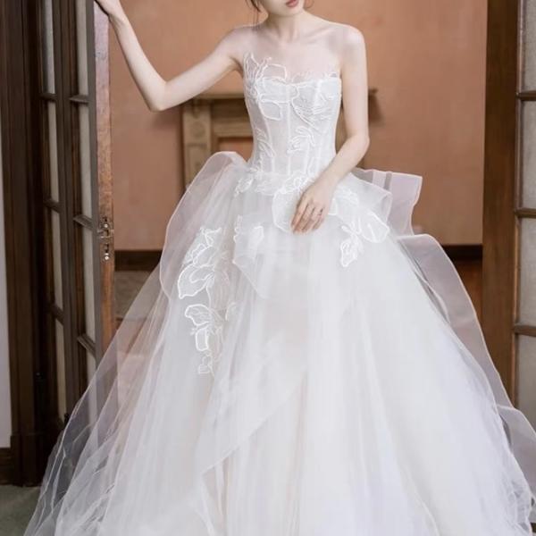 Strapless wedding dress, white bridal dress，fairy wedding dress,Handmade