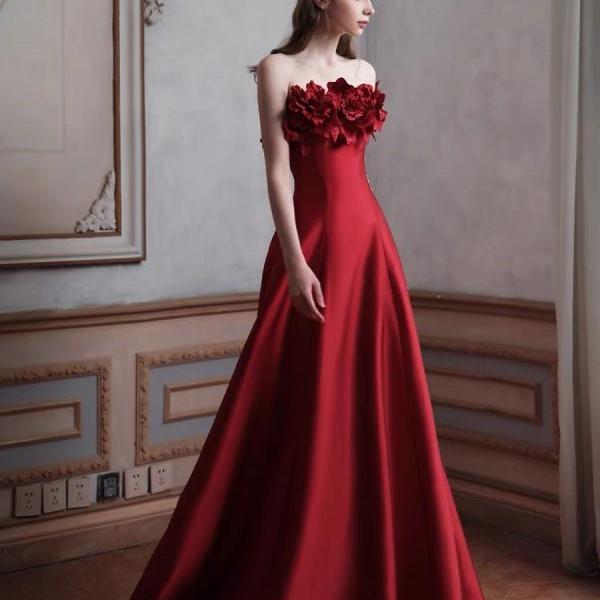 Off shoulder prom dress,satin evening dress,red wedding dress,chic bridal dress,handmade