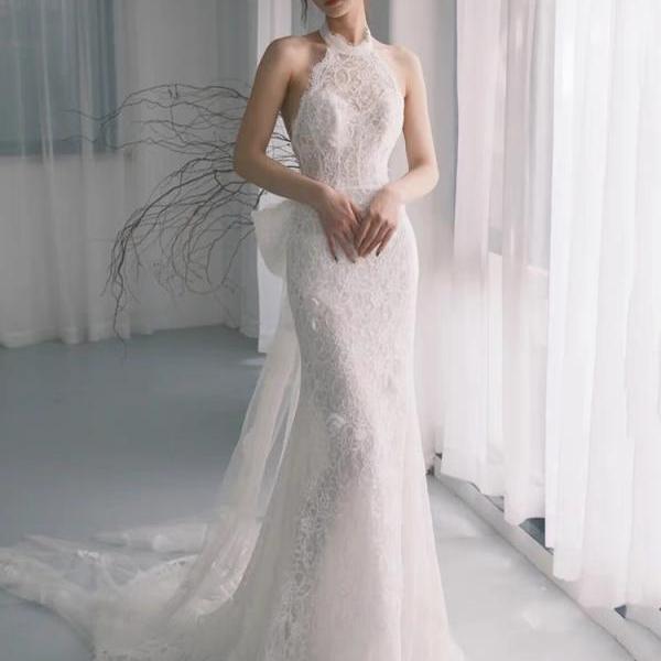 Halter neck wedding dress,tulle bridal dress,white wedding dress,lace wedding dress,handmade