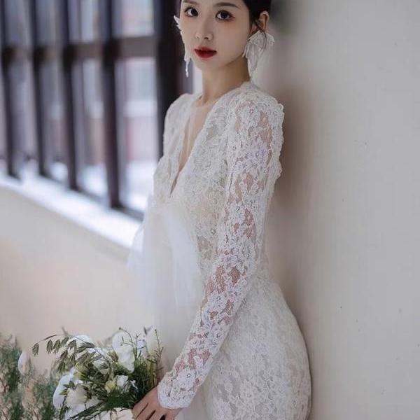 Long sleeve wedding dress,tulle bridal dress,white wedding dress,lace wedding dress,handmade