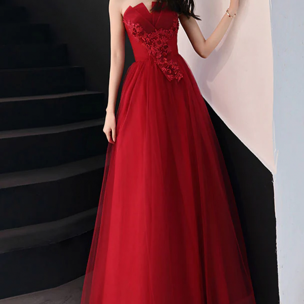 Burgundy tulle lace long prom dress burgundy evening dress