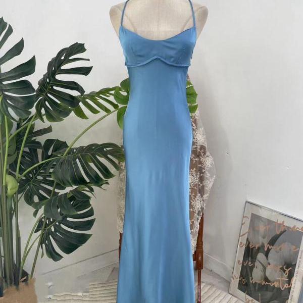Spaghetti Long Mermaid Prom Dresses,Blue Satin Prom Dresses