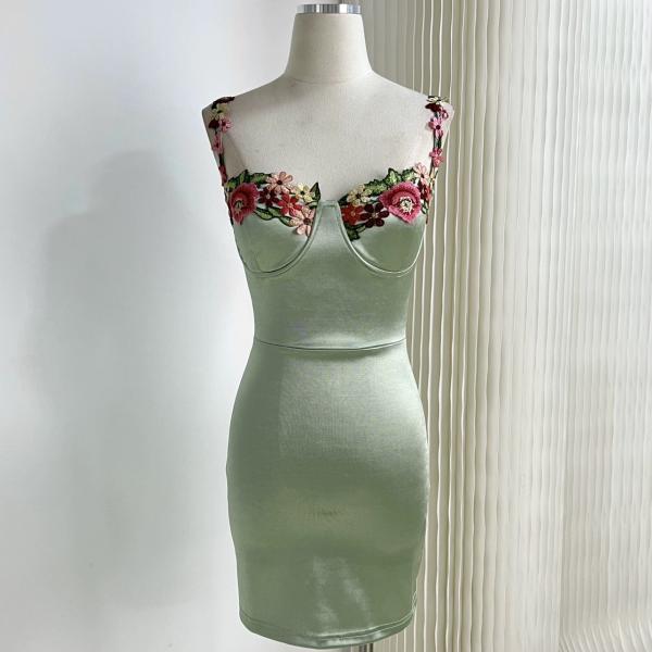 Spaghetti Mermaid Short Dresses,Light green Satin Party Dresses chic bodycon dress with floral applique