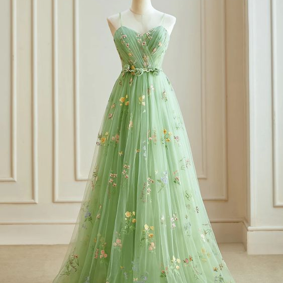 Light Green Tulle Long Party Dress Prom Dress, Straps A-line Evening Gowns