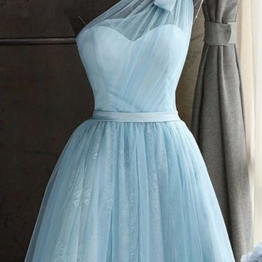 Ond shoulder homeocming dress chic blue bridesmaid dress