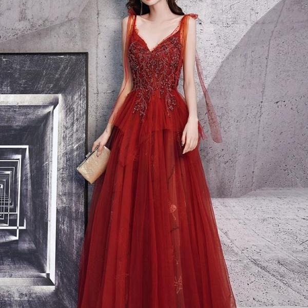 Spaghetti strap party dress luxury red evening dress with bead