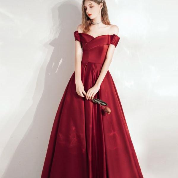 Burgundy prom dress off shoulder elegant satin evening dress