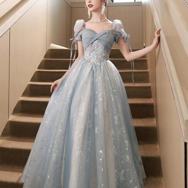 Off shoulder prom dress ,blue princess party dress fairy graduation dress