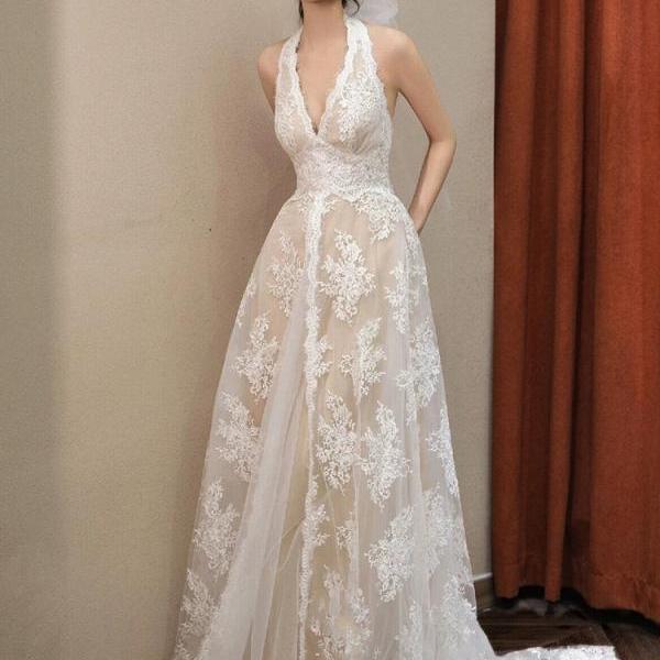 Vintage wedding dress halter neck lace bridal dress pretty wedding dress